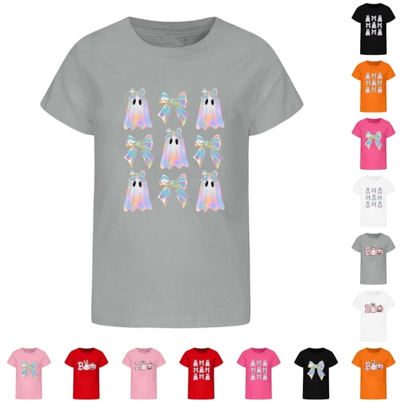 CUZIBR Boys Girls Toddler Shirts Stylish Halloween Pumpkin Ghost Funny Graphic Tee Tops Short Sleeve Crewneck Loose Fit Relaxed Shirt Fashionable Casual Base Layer Shirts For Kids,Grey-c,6-7 Years
