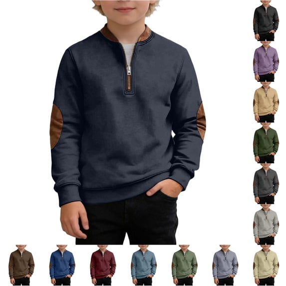CUZIBR Boys Half Zip Crewneck Sweatshirt Elbow Patch Long Sleeve Pullover Tops Kids Vintage Casual Daily School Fall Winter Outfit Shirts,Navy,14-15 Years