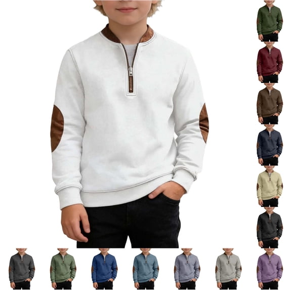 CUZIBR Boys Half Zip Crewneck Sweatshirt Elbow Patch Long Sleeve Pullover Tops Kids Vintage Casual Daily School Fall Winter Outfit Shirts,White,6-7 Years