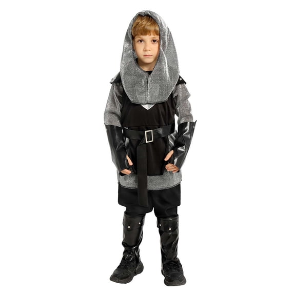 CUZIBR Boys Halloween Outfits Cosplay Carnival Performance Role Play Set With Hood Top Belt Gloves And Boot Covers Party Clothes Sets,Silver,6-8 Years
