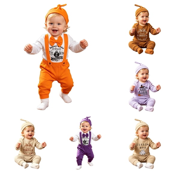 CUZIBR Boys Halloween Outfits Pumpkin Letter Print Baby Ribbed Three Piece Outfit Crewneck Long Sleeve Bodysuit Pants Knit Hat For Toddler Kids,b-Orange,12-18 Months