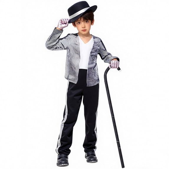 CUZIBR Boys Halloween Outfits Sequin Jacket Stripe Pants Hat Gloves Stage Performance For Shows Cosplay Events Party Clothes Sets,Silver,S/3-4 Years