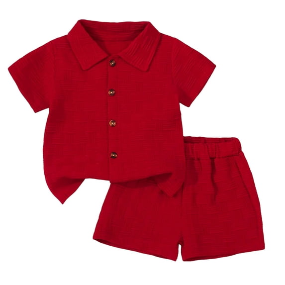 CUZIBR Boys Kids Baby Summer Short Outfits Short Sleeve Solid Color Button Down Lapel Shirts Blouse And Shorts Casual Two Piece Playwear Fashion Soft Relaxed Fit Sets Trendy Clothes,Red,3-4 Years