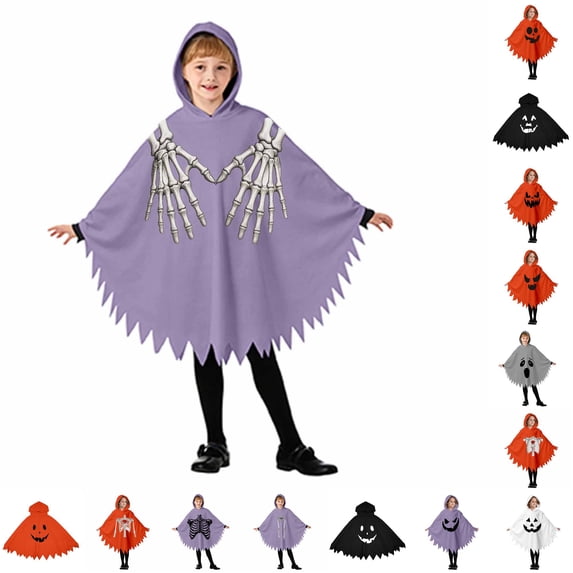 CUZIBR Boys Kids Halloween Ghost Robe Hooded Poncho Jagged Edge Ghost Funny Face Print Irregular Hem Cloak Toddler Cosplay Party ,12-Purple,3-4 Years