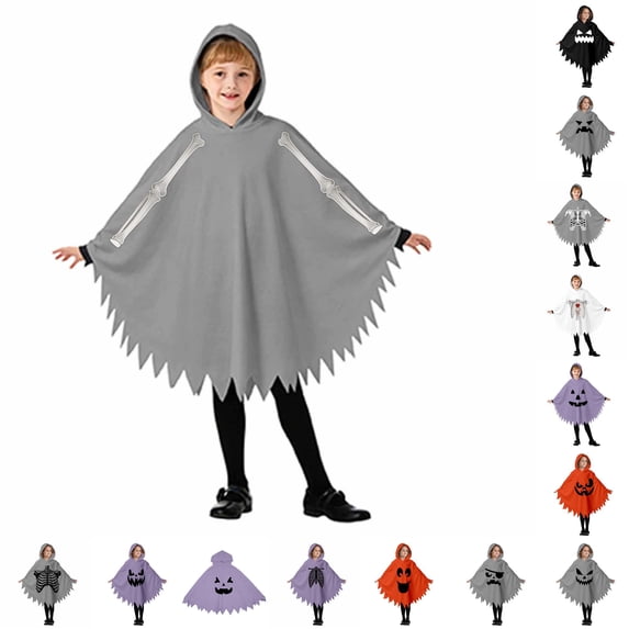 CUZIBR Boys Kids Halloween Ghost Robe Hooded Poncho Jagged Edge Ghost Funny Face Print Irregular Hem Cloak Toddler Cosplay Party Costume,2-Grey,5-6 Years
