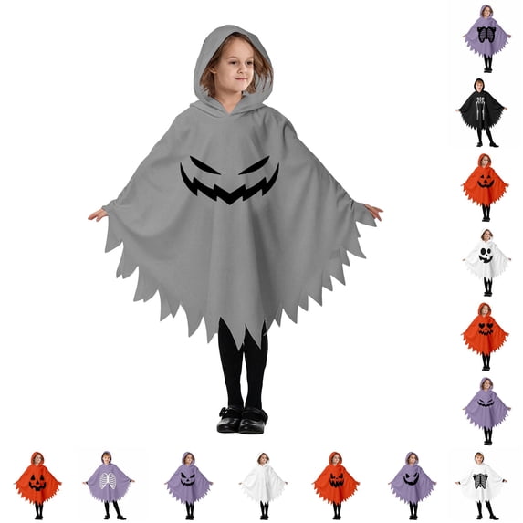 CUZIBR Boys Kids Halloween Ghost Robe Hooded Poncho Jagged Edge Ghost Funny Face Print Irregular Hem Cloak Toddler Cosplay Party ,7-Grey,7-9 Years