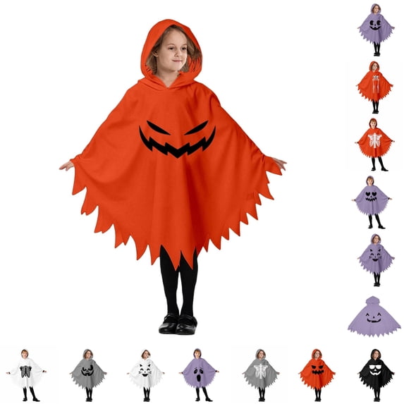 CUZIBR Boys Kids Halloween Ghost Robe Hooded Poncho Jagged Edge Ghost Funny Face Print Irregular Hem Cloak Toddler Cosplay Party Costume,7-Orange,7-9 Years