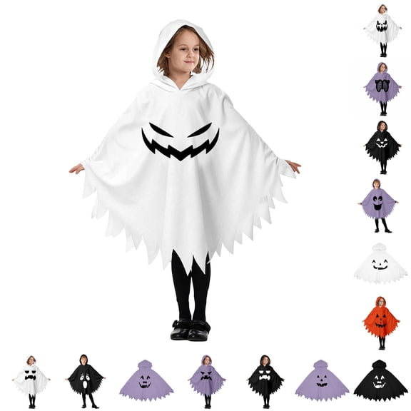 CUZIBR Boys Kids Halloween Ghost Robe Hooded Poncho Jagged Edge Ghost Funny Face Print Irregular Hem Cloak Toddler Cosplay Party ,7-White,4-6 Years