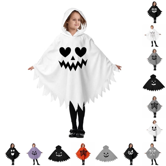 CUZIBR Boys Kids Halloween Ghost Robe Hooded Poncho Jagged Edge Ghost Funny Face Print Irregular Hem Cloak Toddler Cosplay Party ,K-White,3-4 Years