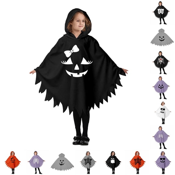 CUZIBR Boys Kids Halloween Ghost Robe Hooded Poncho Jagged Edge Ghost Funny Face Print Irregular Hem Cloak Toddler Cosplay Party Costume,N-Black,4-6 Years