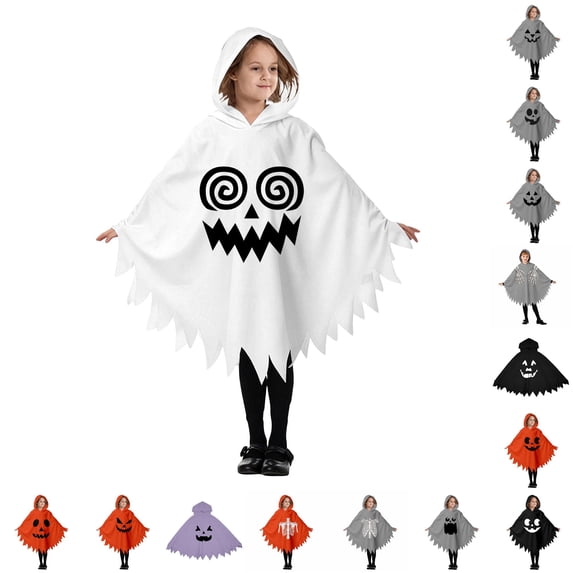 CUZIBR Boys Kids Halloween Ghost Robe Hooded Poncho Jagged Edge Ghost Funny Face Print Irregular Hem Cloak Toddler Cosplay Party ,P-White,10-12 Years