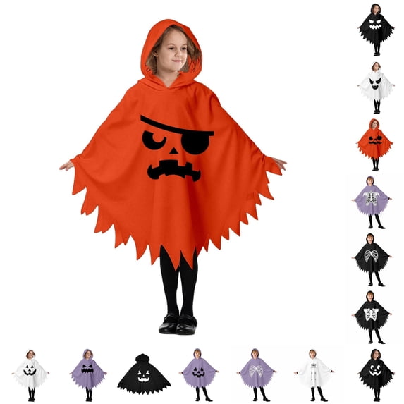 CUZIBR Boys Kids Halloween Ghost Robe Hooded Poncho Jagged Edge Ghost Funny Face Print Irregular Hem Cloak Toddler Cosplay Party Costume,Z-Orange,3-4 Years