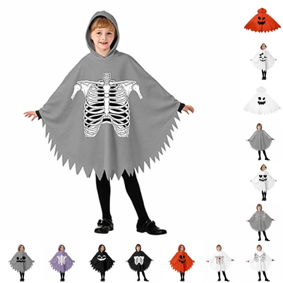 CUZIBR Boys Kids Halloween Ghost Robe Hooded Poncho Jagged Edge Ghost Funny Face Print Irregular Hem Cloak Toddler Cosplay Party ,l-Grey,3-4 Years