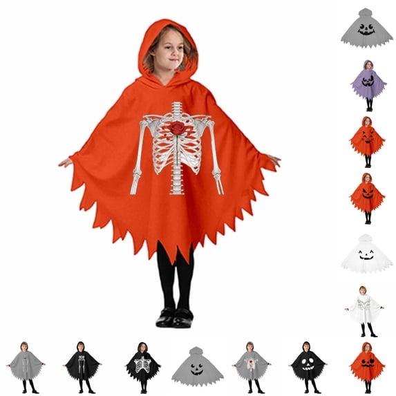 CUZIBR Boys Kids Halloween Ghost Robe Hooded Poncho Jagged Edge Ghost Funny Face Print Irregular Hem Cloak Toddler Cosplay Party Costume,o-Orange,5-6 Years