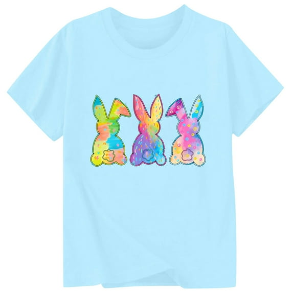 CUZIBR Boys Kids Tops Shirts Short Sleeve Easter Bunny Letter Print Casual Round Neck T Shirt Loose Fit Cozy Funny Graphic Tees Summer Relaxed Breathable Cozy Dailywear,Light Blue2,10-11 Years