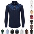 thumbnail image 1 of CUZIBR Boys Kids Western Cowboy Shirts Fashionable Floral Graphic Embroidery Long Sleeve Button Down Casual Top For Toddler Youth Summer Fall Comfortable Blouse Top,2-Navy,6-7 Years, 1 of 4