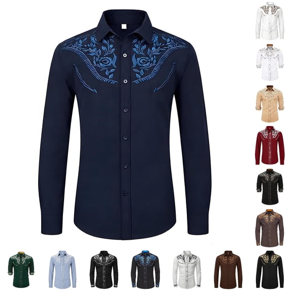 CUZIBR Boys Kids Western Cowboy Shirts Fashionable Floral Graphic Embroidery Long Sleeve Button Down Casual Top For Toddler Youth Summer Fall Comfortable Blouse Top,2-Navy,6-7 Years