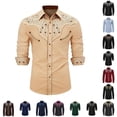 thumbnail image 1 of CUZIBR Boys Kids Western Cowboy Shirts Fashionable Floral Graphic Embroidery Long Sleeve Button Down Casual Top For Toddler Youth Summer Fall Comfortable Blouse Top,1-Khaki,8-9 Years, 1 of 4