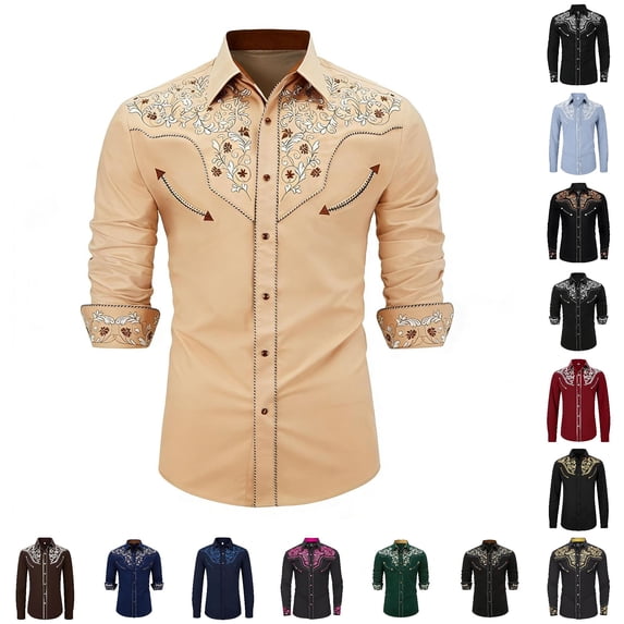 CUZIBR Boys Kids Western Cowboy Shirts Fashionable Floral Graphic Embroidery Long Sleeve Button Down Casual Top For Toddler Youth Summer Fall Comfortable Blouse Top,1-Khaki,8-9 Years