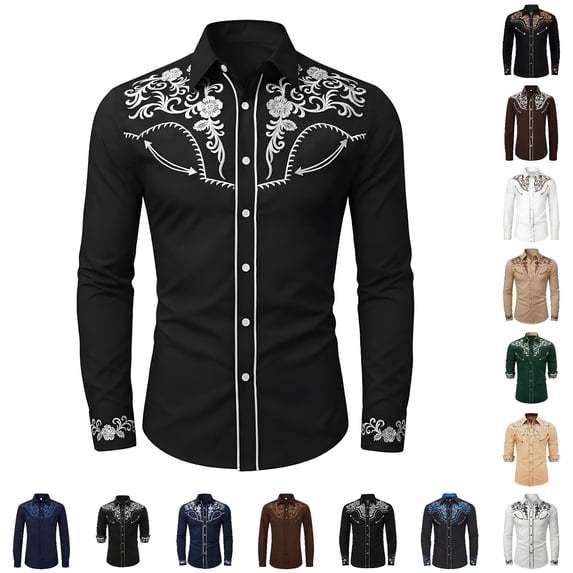 CUZIBR Boys Kids Western Cowboy Shirts Fashionable Floral Graphic Embroidery Long Sleeve Button Down Casual Top For Toddler Youth Summer Fall Comfortable Blouse Top,4-Black,12-13 Years