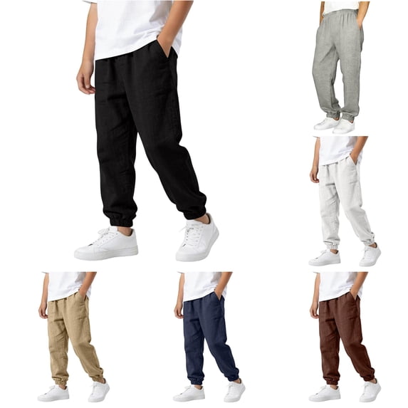 CUZIBR Boys Linen Jogger Pants Elastic Drawstring Waist Ankle Cuff Casual Trousers With Pockets Soft Breathable Loose Fit Bottoms For Kids School Outdoor Walking Dailywear,Black,9-10 Years
