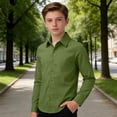 thumbnail image 1 of CUZIBR Boys Long Sleeve Shirts Solid Color Button Down Casualturndown Collar Classic Fit Blouse Top Loose School Uniform Oxford Solid Classic Collared Shirt Casual Tee Tops,Green,13-14 Years, 1 of 4
