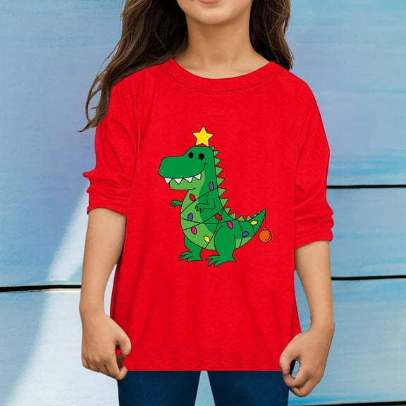 CUZIBR Boys Long Sleeve T Shirt Autumn Christmas Printed Casual Loose T Shirt Soft Dailywear For Toddler,Red,7-8 Years