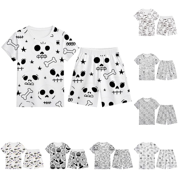CUZIBR Boys Outfits 2 12 Years Comfortable Round Neck Short Sleeve Tee Top Elastic Waist Shorts Pajama Set Halloween Print Casual Loungewear Clothes Sets,d-White,11-12 Years