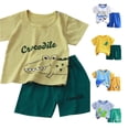 thumbnail image 1 of CUZIBR Boys Outfits Cartoon Print Crewneck Summer Short Sleeve T Shirt Shorts Children Soft Comfort Fit Clothes Sets,Army Green,7-8 Years, 1 of 7