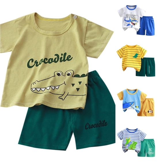 CUZIBR Boys Outfits Cartoon Print Crewneck Summer Short Sleeve T Shirt Shorts Children Soft Comfort Fit Clothes Sets,Army Green,7-8 Years