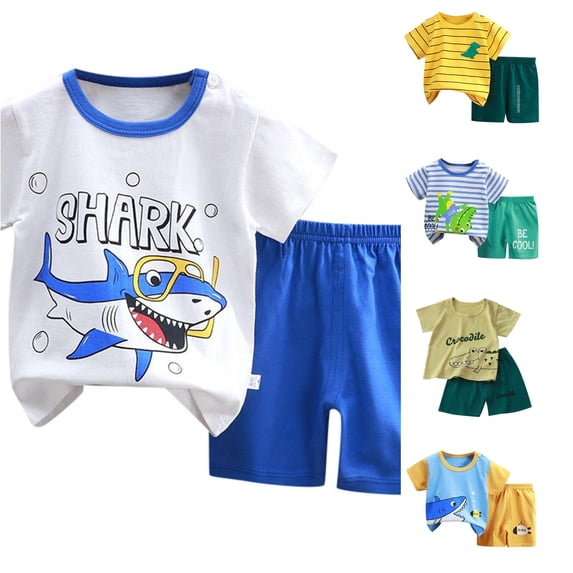 CUZIBR Boys Outfits Cartoon Print Crewneck Summer Short Sleeve T Shirt Shorts Children Soft Comfort Fit Clothes Sets,Blue,5-6 Years