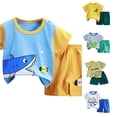 thumbnail image 1 of CUZIBR Boys Outfits Cartoon Print Crewneck Summer Short Sleeve T Shirt Shorts Children Soft Comfort Fit Clothes Sets,Sky Blue,3-4 Years, 1 of 7