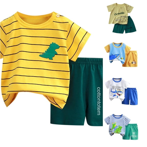 CUZIBR Boys Outfits Cartoon Print Crewneck Summer Short Sleeve T Shirt Shorts Children Soft Comfort Fit Clothes Sets,Yellow,7-8 Years