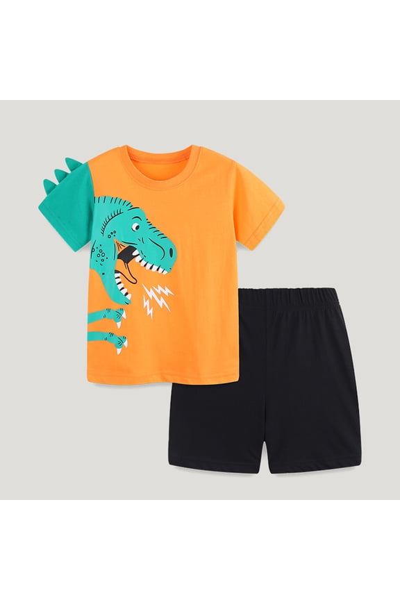 Boys Outfits Cartoon Print Crewneck Summer Short Sleeved T Shirt Shorts Fashionable Comfortable Casual Two Piece Clothes Sets,Orange,4-5 Years