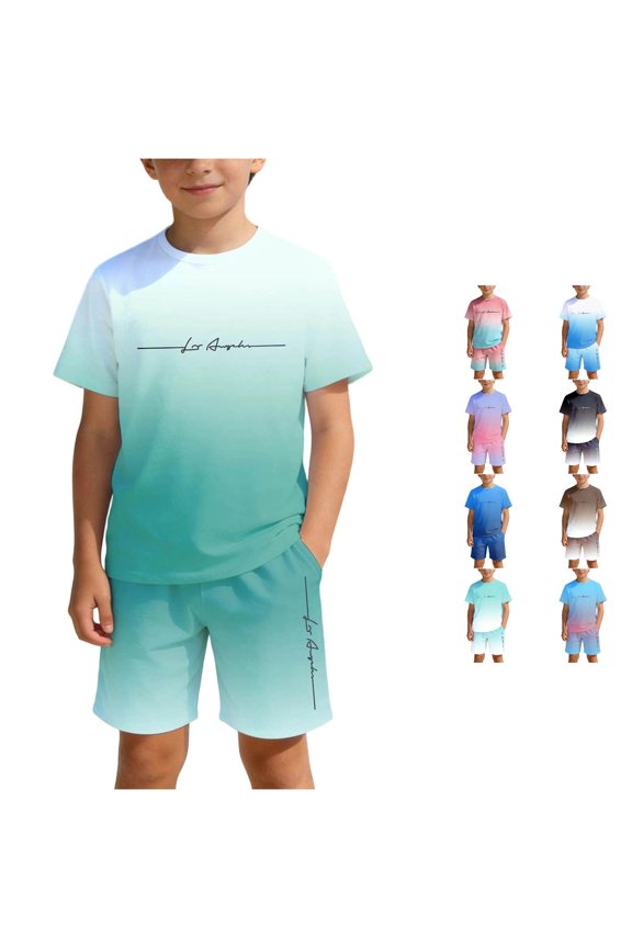 Boys Outfits Crewneck Cool Gradient Letter Print Short Sleeve And Shorts Casual Summer Playwear For Toddlers Kids Clothes Sets,Light Green,8-9 Years