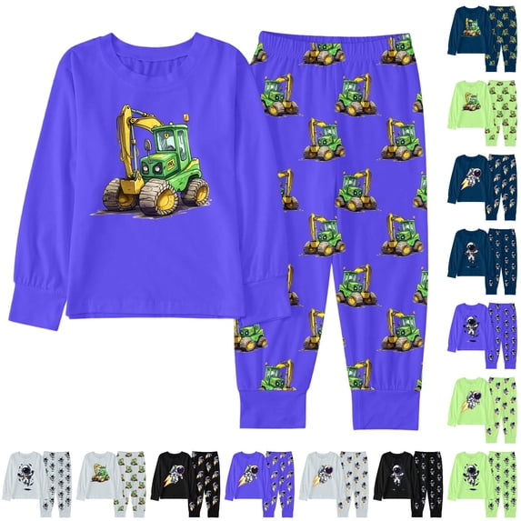 CUZIBR Boys Outfits Crewneck Sets Winter Cartoon Print Long Sleeve Top Pants Pajamas Loungewear Kids Homewear Comfortable Casual Clothes Sets,a-Blue,5-6 Years