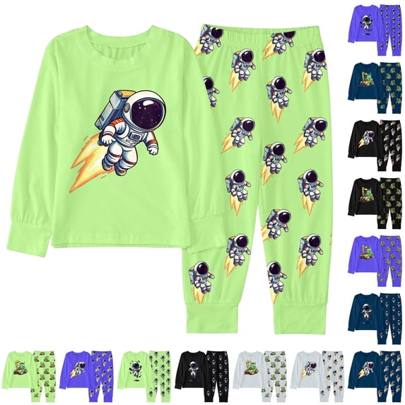 CUZIBR Boys Outfits Crewneck Sets Winter Cartoon Print Long Sleeve Top Pants Pajamas Loungewear Kids Homewear Comfortable Casual Clothes Sets,b-Light Green,6-7 Years