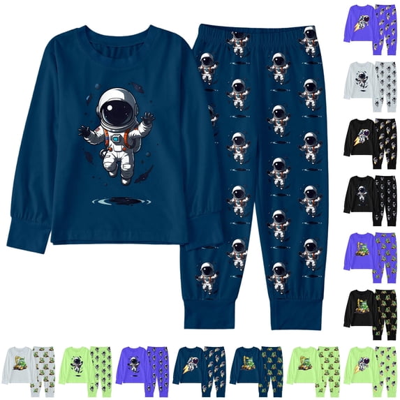CUZIBR Boys Outfits Crewneck Sets Winter Cartoon Print Long Sleeve Top Pants Pajamas Loungewear Kids Homewear Comfortable Casual Clothes Sets,c-Navy,5-6 Years
