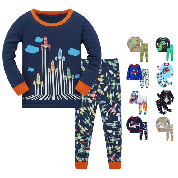 CUZIBR Boys Outfits Crewneck Toddler Baby Funny Graphic Pajamas Kids 2 Piece Pj'S Long Sleeve Dinosaur Sleepwear Clothes Sets,Navy-e,5-6 Years