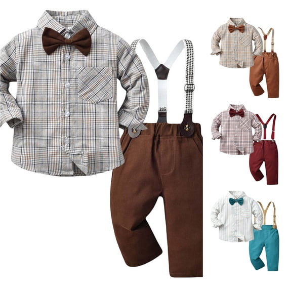 CUZIBR Boys Outfits Lapel Collar Toddler Long Sleeve Striped Plaid Prints T Shirt Tops Pants For Child Kids Gentleman Clothes Sets,Coffee,18-24 Months