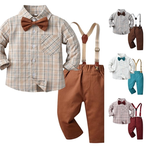 CUZIBR Boys Outfits Lapel Collar Toddler Long Sleeve Striped Plaid Prints T Shirt Tops Pants For Child Kids Gentleman Clothes Sets,Brown,6-7 Years