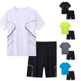 thumbnail image 1 of CUZIBR Boys Outfits Sets Color Block Geometric Line Print Athletic Outfit Round Neck Short Sleeve T-Shirt Elastic Waist Sport Shorts 2 Pieces Quick Dry Casual Tracksuit,White,14-15 Years, 1 of 7