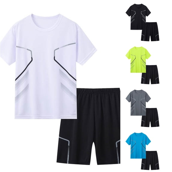 CUZIBR Boys Outfits Sets Color Block Geometric Line Print Athletic Outfit Round Neck Short Sleeve T-Shirt Elastic Waist Sport Shorts 2 Pieces Quick Dry Casual Tracksuit,White,14-15 Years