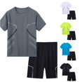 thumbnail image 1 of CUZIBR Boys Outfits Sets Color Block Geometric Line Print Athletic Outfit Round Neck Short Sleeve T-Shirt Elastic Waist Sport Shorts 2 Pieces Quick Dry Casual Tracksuit,Grey,14-15 Years, 1 of 7