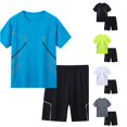 thumbnail image 1 of CUZIBR Boys Outfits Sets Color Block Geometric Line Print Athletic Outfit Round Neck Short Sleeve T-Shirt Elastic Waist Sport Shorts 2 Pieces Quick Dry Casual Tracksuit,Blue,15-16 Years, 1 of 5