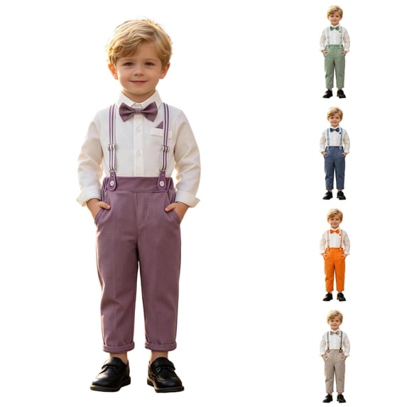 CUZIBR Boys Outfits Sets Long Sleeve Button Down Shirt Striped Suspender Trousers Three Piece Formal Suit Set For Boys Wedding Birthday Party Gentleman Clothes,Purple,4-5 Years