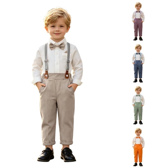 CUZIBR Boys Outfits Sets Long Sleeve Button Down Shirt Striped Suspender Trousers Three Piece Formal Suit Set For Boys Wedding Birthday Party Gentleman Clothes,White,2-3 Years