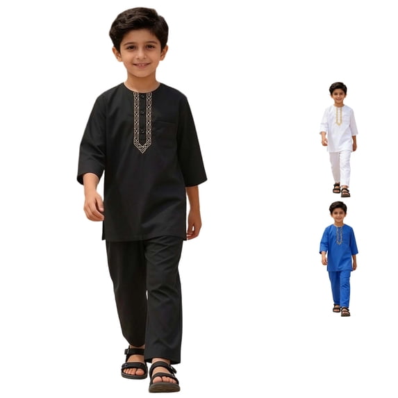 CUZIBR Boys Outfits Solid Color Crewneck Long Sleeve Robe Suit Traditional Embroidered Robe Suit Summer Lightweight Child's Teenage Clothes Sets,Black,3-4 Years