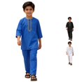 thumbnail image 1 of CUZIBR Boys Outfits Solid Color Crewneck Long Sleeve Robe Suit Traditional Embroidered Robe Suit Summer Lightweight Child's Teenage Clothes Sets,Blue,3-4 Years, 1 of 9