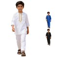 thumbnail image 1 of CUZIBR Boys Outfits Solid Color Crewneck Long Sleeve Robe Suit Traditional Embroidered Robe Suit Summer Lightweight Child's Teenage Clothes Sets,White,4-5 Years, 1 of 6